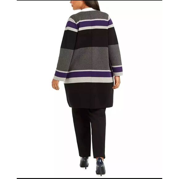 Calvin Klein Open Front Long Cardigan 2X Gray Purple Black Color Block Stripes - Picture 2 of 11